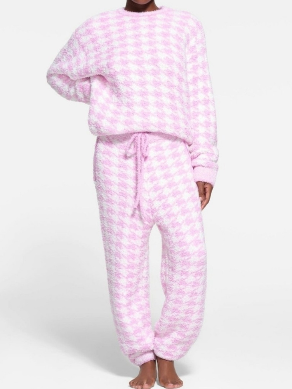SKIMS Cozy Knit Lounge Set Pink Houndstooth Top 4X/5X Pants 2X/3X Plush Soft